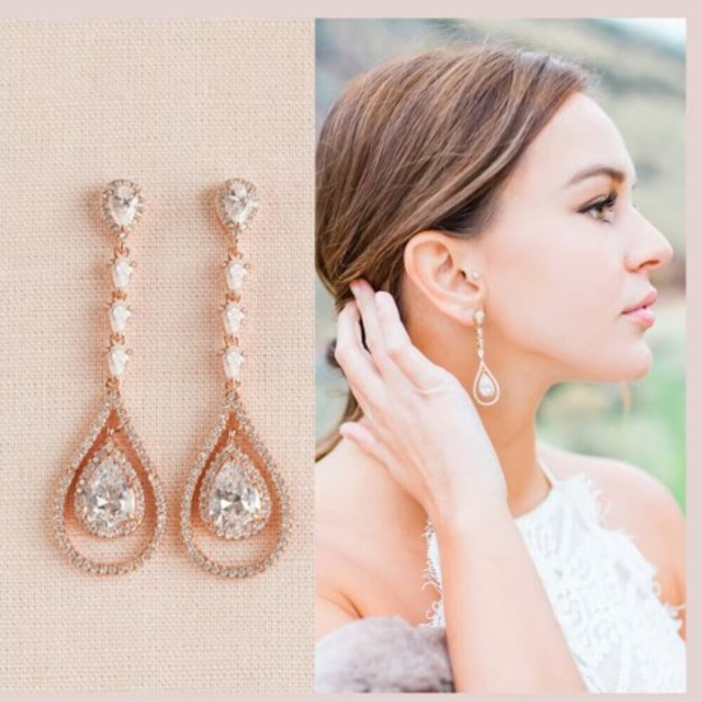 Chandelier Bridal Earrings, Rose Gold Wedding, Long Gold Crystals
